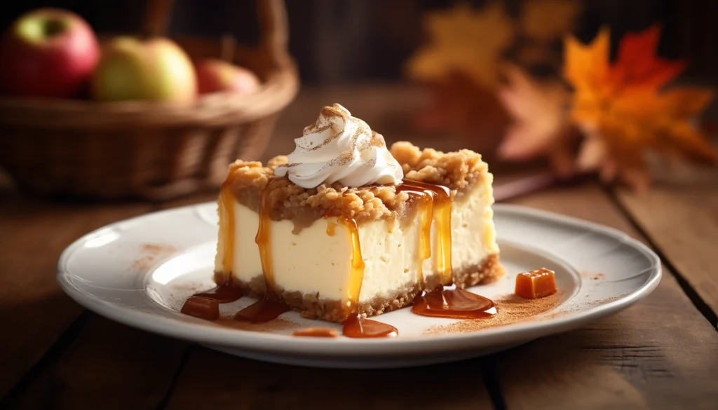 Apple Crisp Cheesecake with Caramel & Whipped Topping 3 Apple crisp cheesecake with caramel sauce and whipped topping on a dessert plate