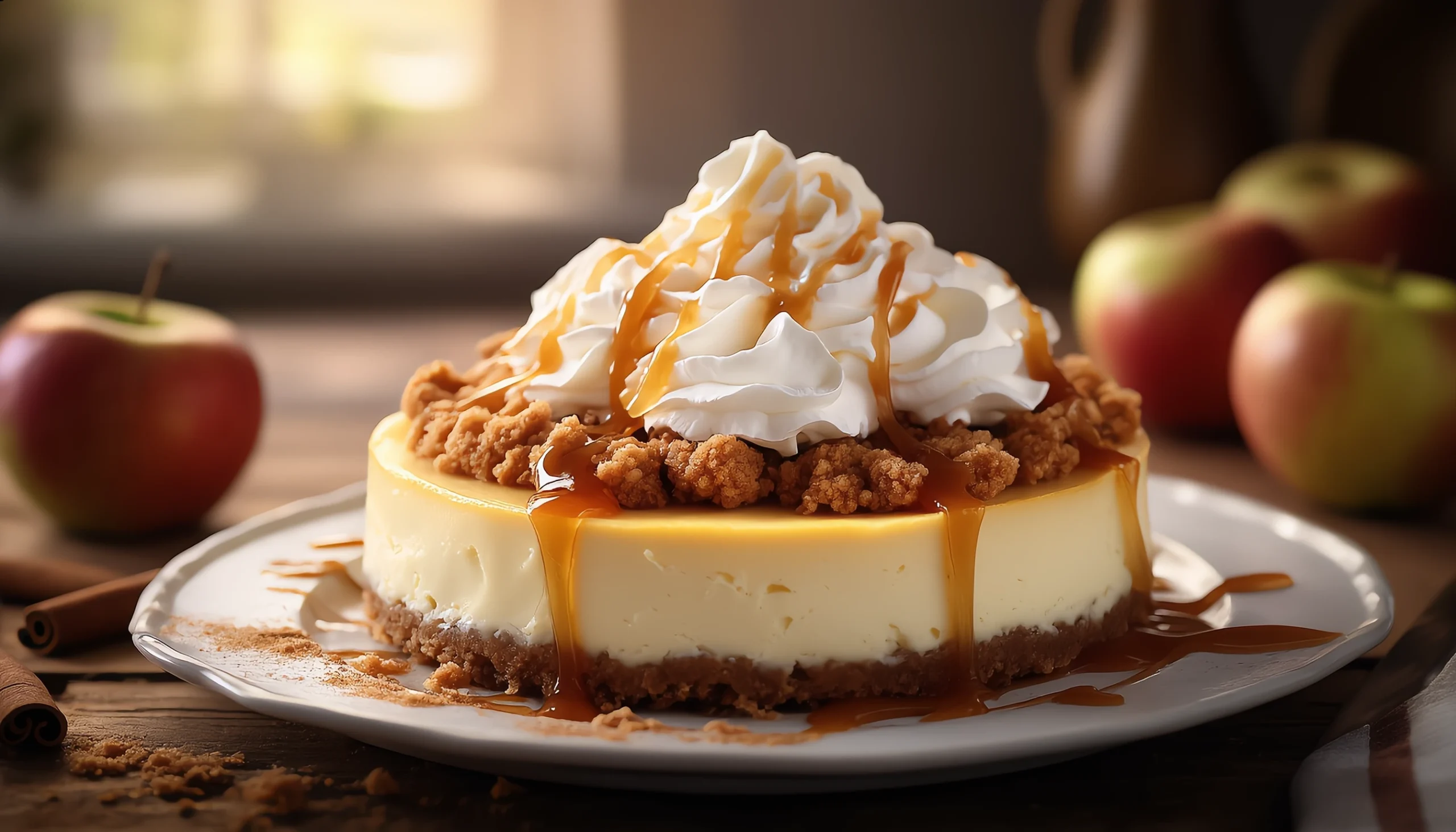 Slice of apple crisp cheesecake drizzled with caramel and topped with whipped cream