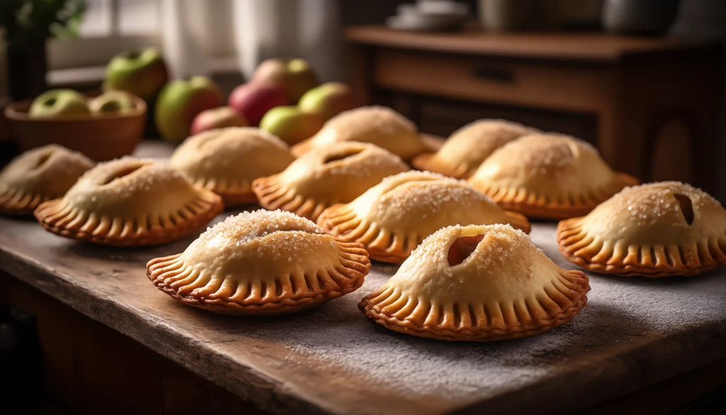 Apple Hand Pies – Flaky, Sweet & Irresistible (1) Flaky golden apple hand pies with a glazed finish on a baking sheet