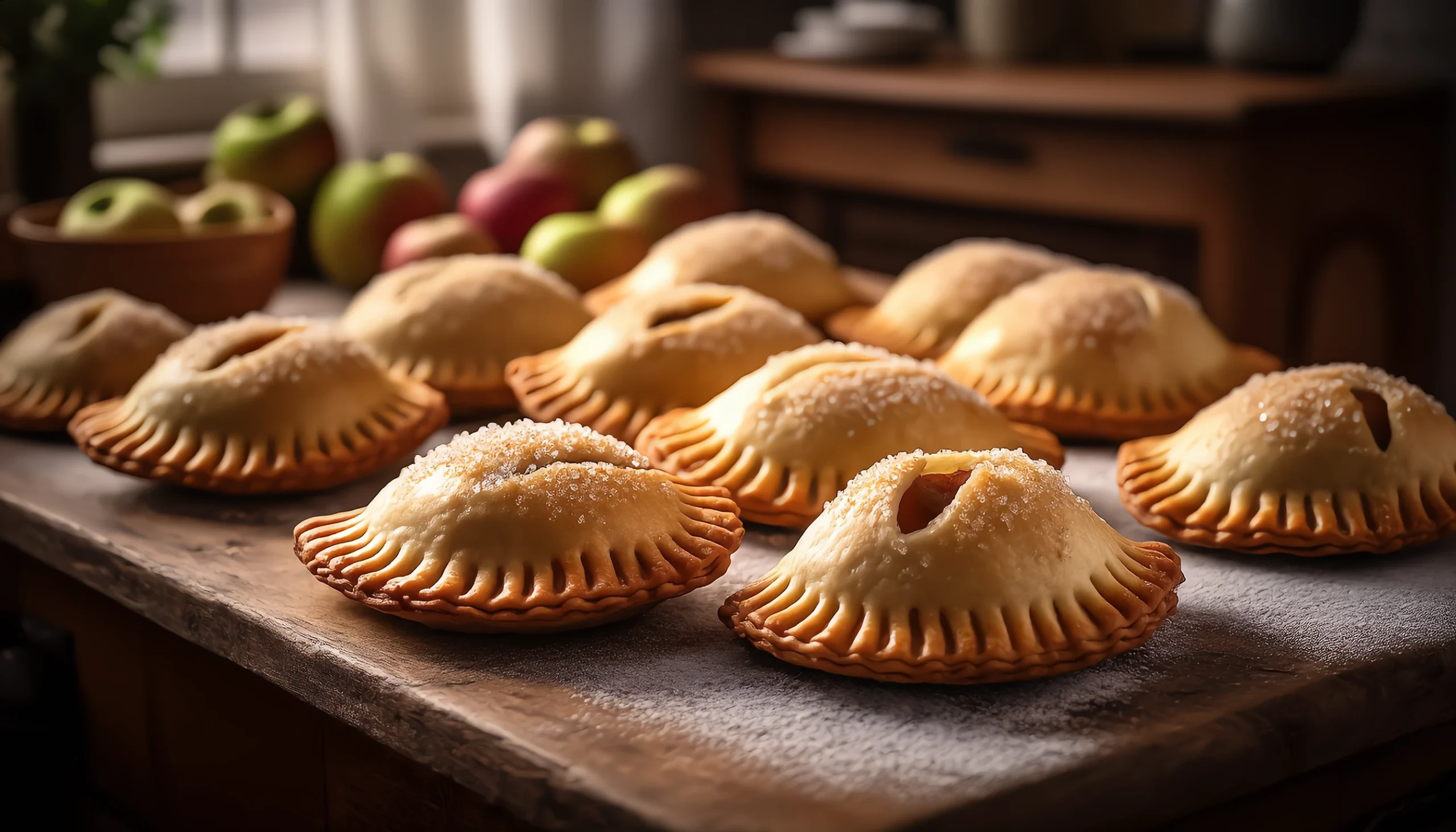 Flaky golden apple hand pies with a glazed finish on a baking sheet
