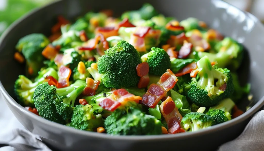 Fresh & Flavorful Broccoli Bacon Salad – A Crowd-Pleasing Side Fresh broccoli bacon salad in a white bowl with sunflower seeds and creamy dressing