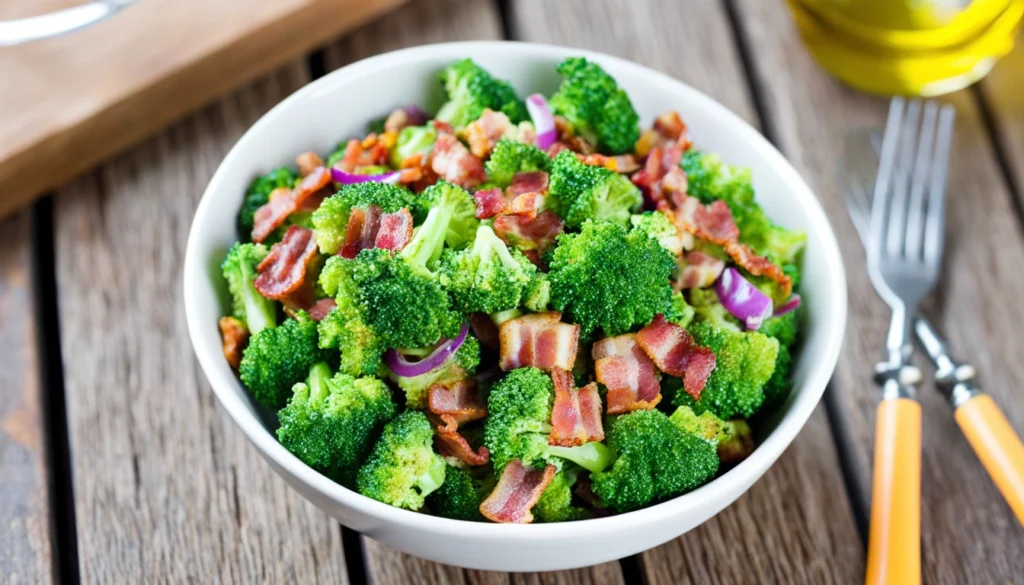 Broccoli Salad with Bacon – Crunchy, Creamy & Irresistible Broccoli salad with crispy bacon, shredded cheese, and creamy dressing