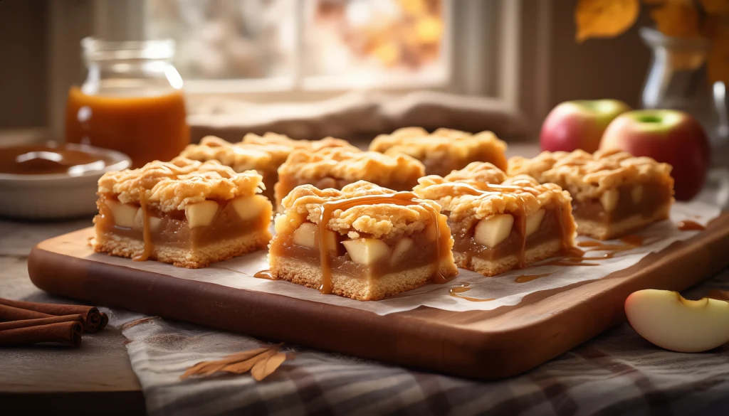 Caramel Apple Pie Bars: A Delicious Fall Treat 2 Gooey caramel apple pie bars with crumb topping on a wooden board
