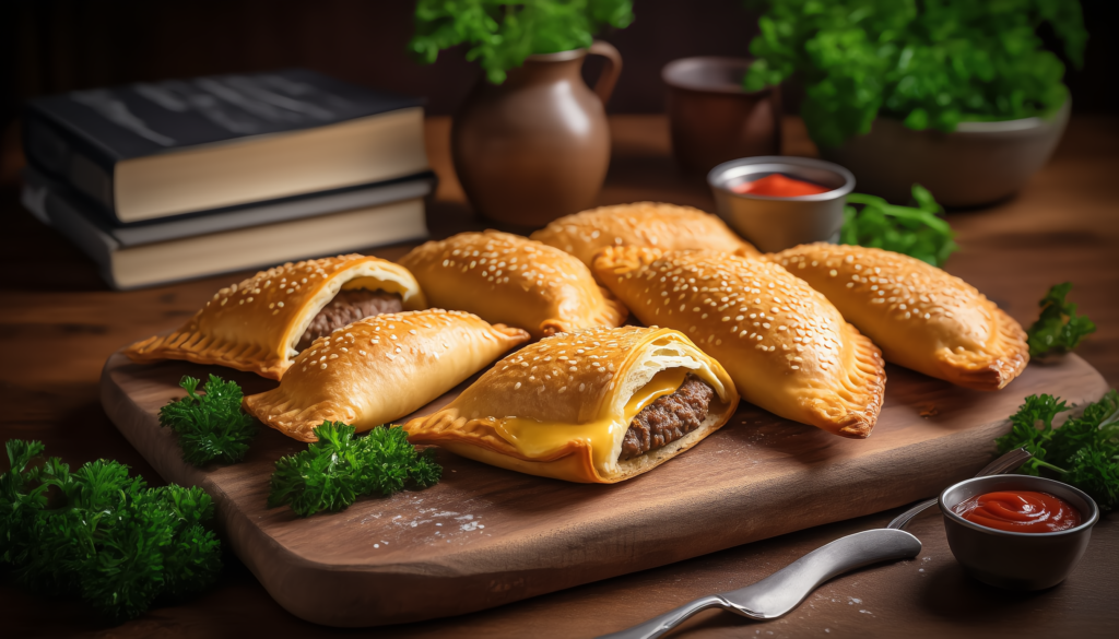 Homemade Cheeseburger Pockets – A Quick Comfort Food Favorite Close-up of flaky cheeseburger pockets cut in half showing cheesy beef filling