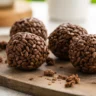 Close-up of chocolate Rice Krispie balls with drizzle topping on parchment paper