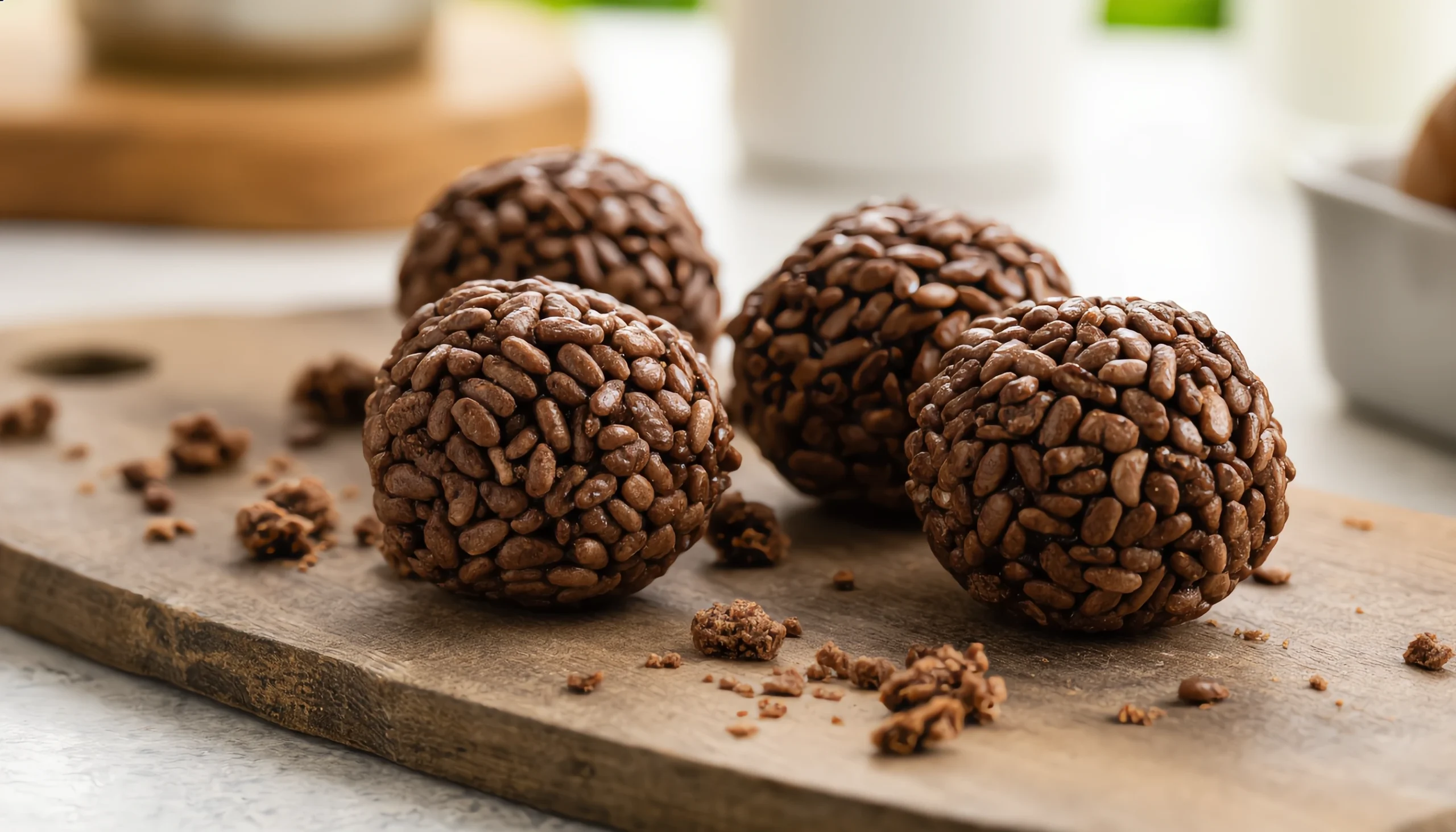 Close-up of chocolate Rice Krispie balls with drizzle topping on parchment paper