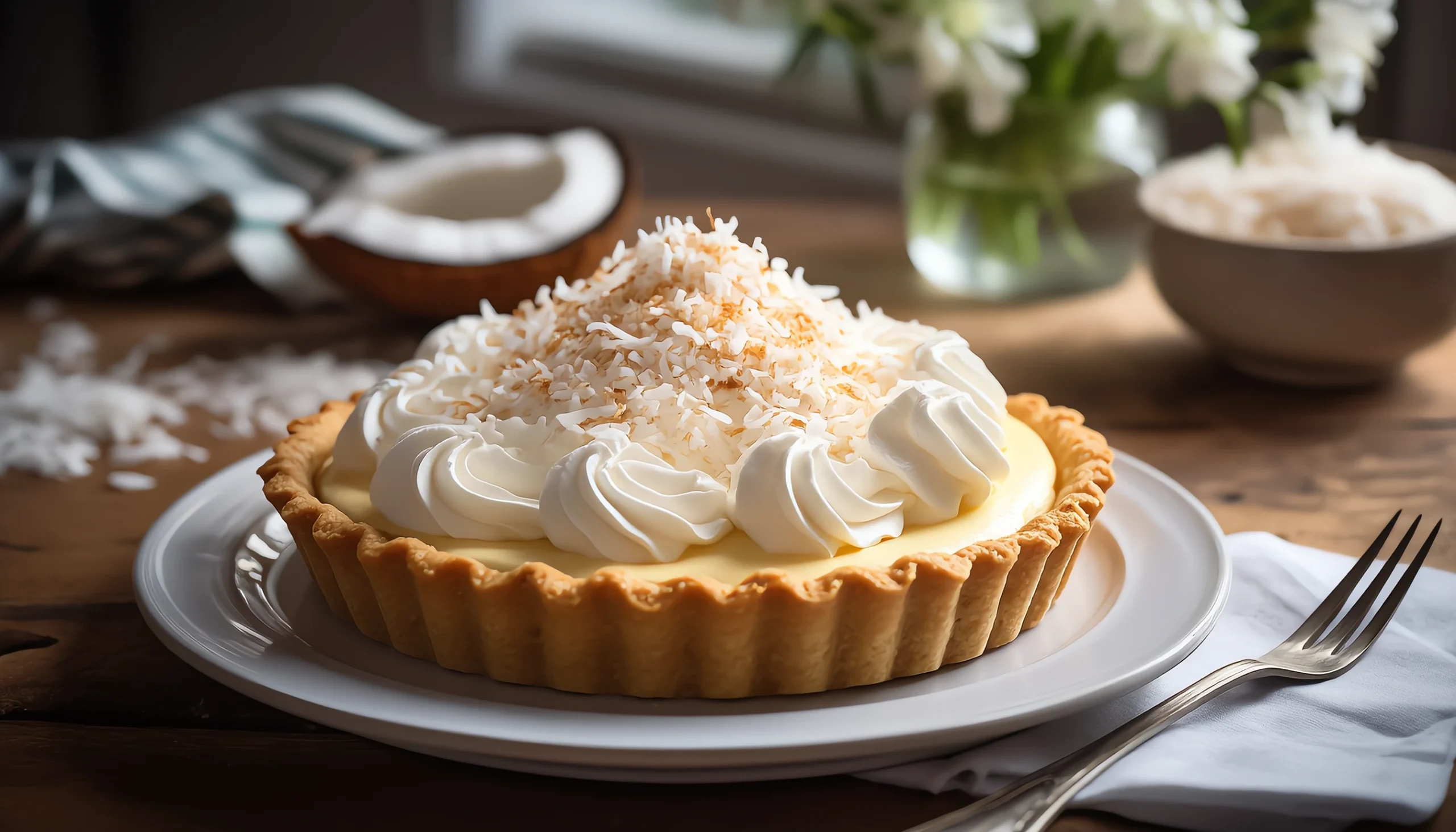 Creamy coconut cream pie with golden crust and whipped topping