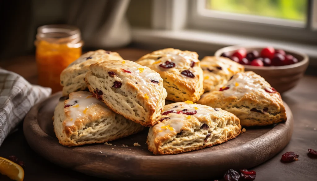 16x9_Cranberry_Orange_Scones (1) Glazed cranberry orange scones on a cooling rack with orange zest
