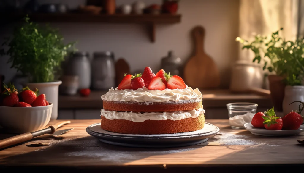 Delicious Double Strawberry Cake – A Berry-Lover’s Dream Whole double strawberry cake topped with fresh strawberries and cream cheese frosting