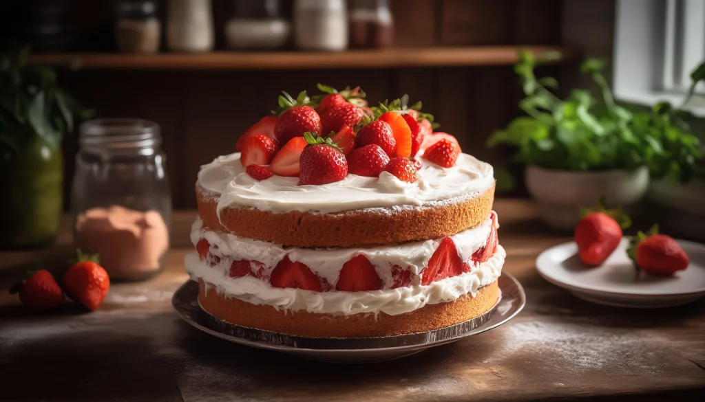 Double Strawberry Cake Recipe – Moist, Vibrant, and Made from Scratch Double strawberry layer cake with pink whipped frosting and strawberry slices on top