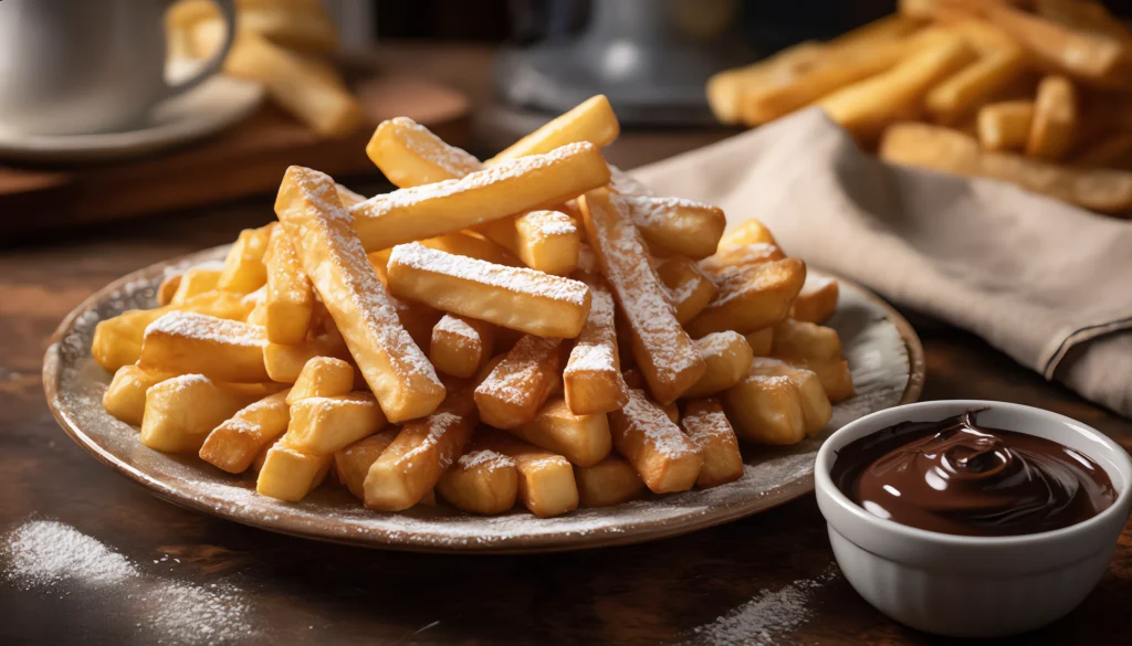 Homemade Funnel Cake Fries – A Sweet & Crunchy Treat Golden funnel cake fries with powdered sugar and chocolate sauce