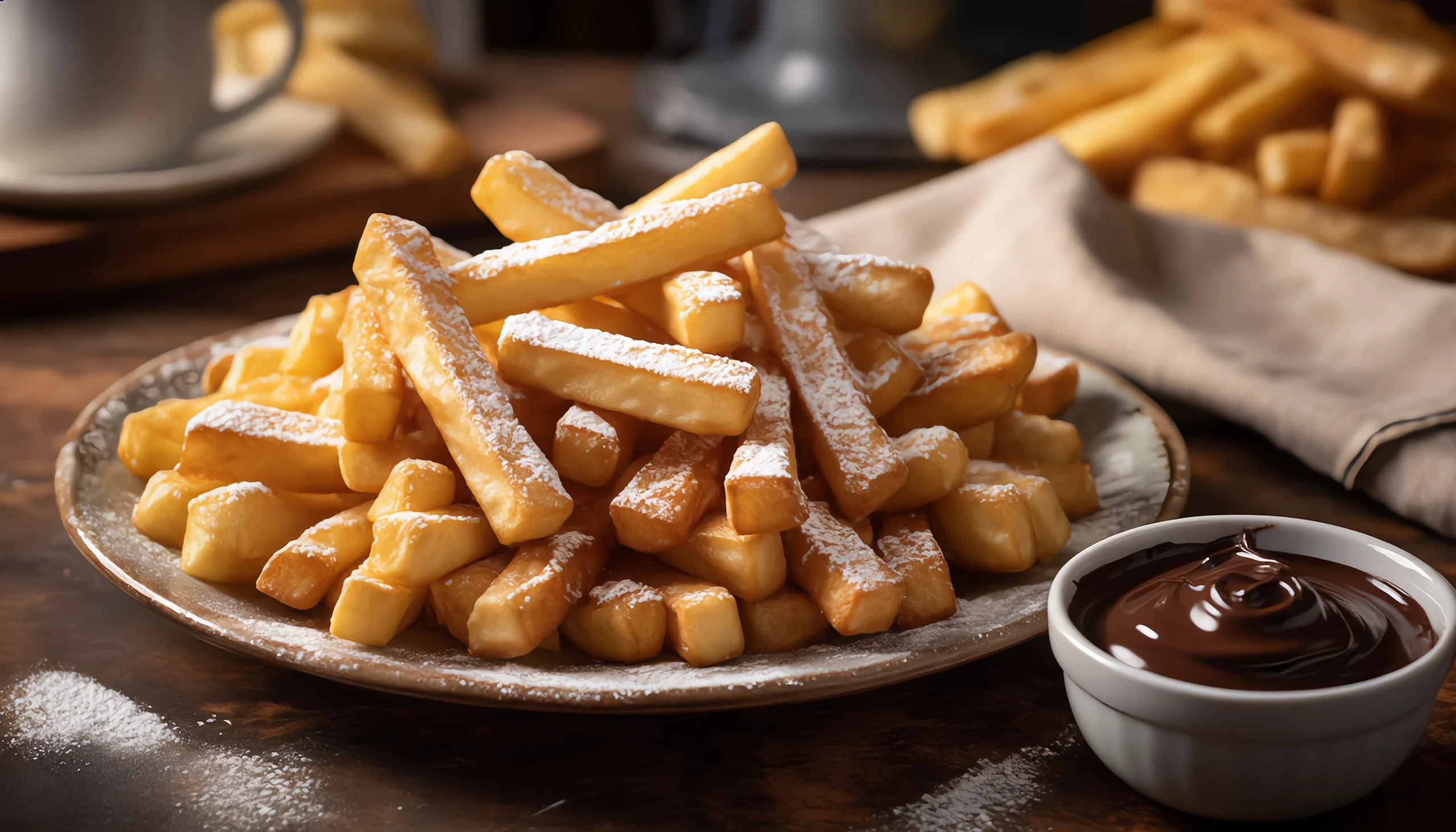 Golden funnel cake fries with powdered sugar and chocolate sauce