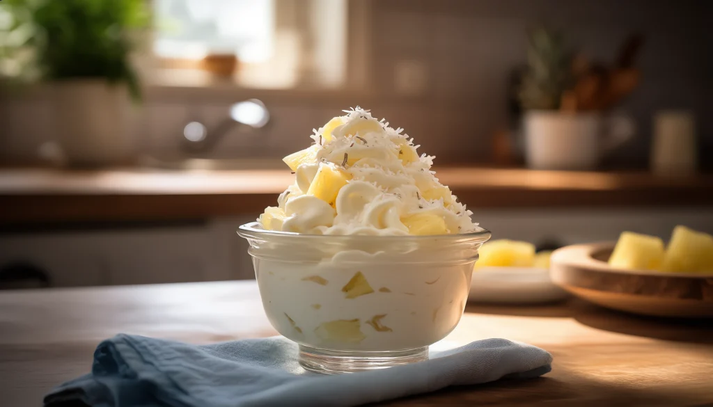 Hawaiian Pineapple Coconut Fluff Recipe: A Tropical Delight 2 Pineapple coconut fluff dessert garnished with toasted coconut and cherries