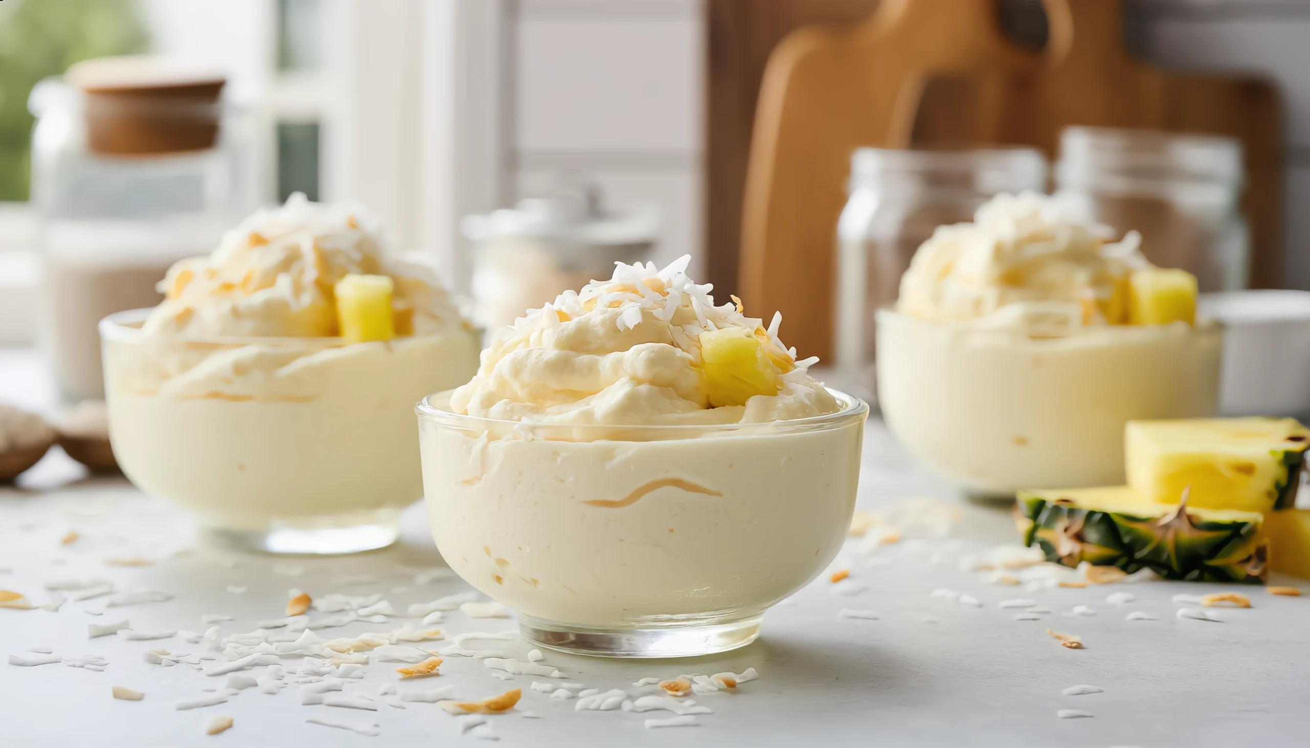 Close-up of fluffy pineapple coconut fluff salad in a clear glass bowl