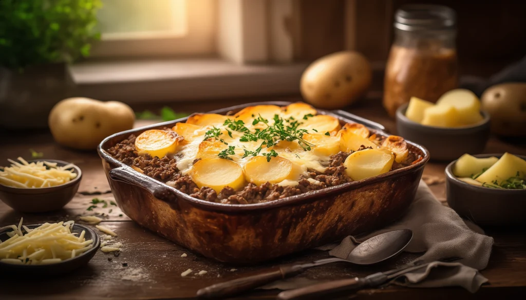 Easy Hobo Casserole Recipe – One-Pan Weeknight Wonder Hobo casserole topped with melted cheese and herbs, served in a white ceramic baking dish