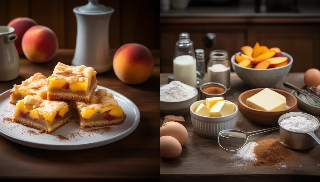 Peach Cobbler Bars – Sweet, Crumbly, and Bursting with Peach Flavor Sliced peach cobbler bars on parchment paper with cinnamon and glaze
