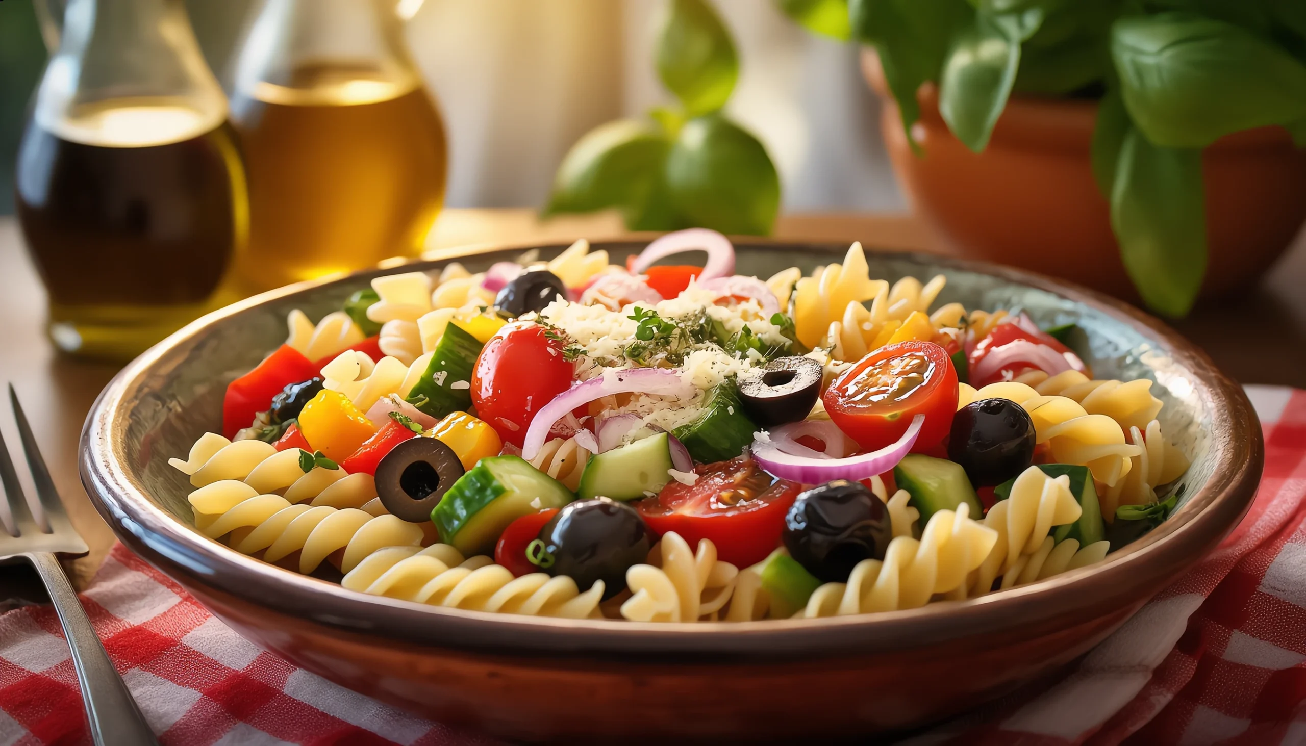 Bowl of Italian pasta salad with cheese cubes, peppers, and Italian dressing