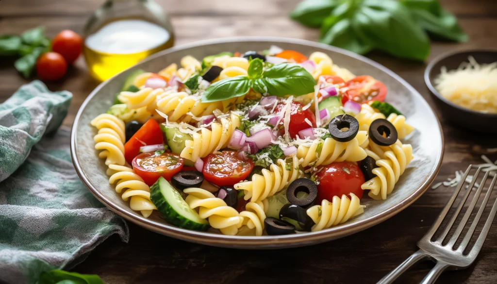 7 Reasons You’ll Love Italian Pasta Salad 2 Colorful Italian pasta salad with cherry tomatoes, olives, mozzarella, and herbs