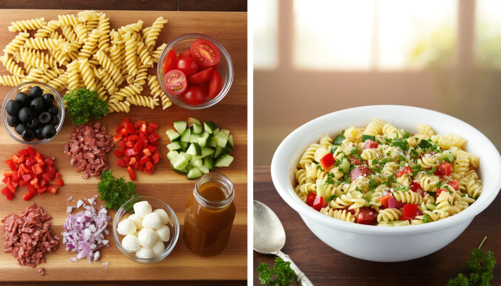 Zesty Italian Pasta Salad – Classic Recipe with a Modern Twist Italian pasta salad with rotini, vegetables, cheese, and herbs in a white bowl