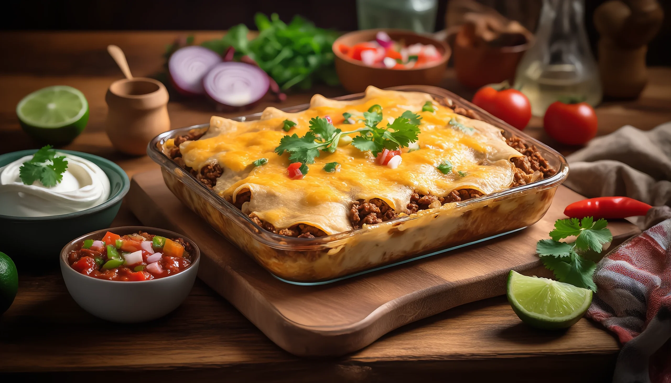 Cheesy Mexican tortilla casserole topped with fresh cilantro and jalapeños