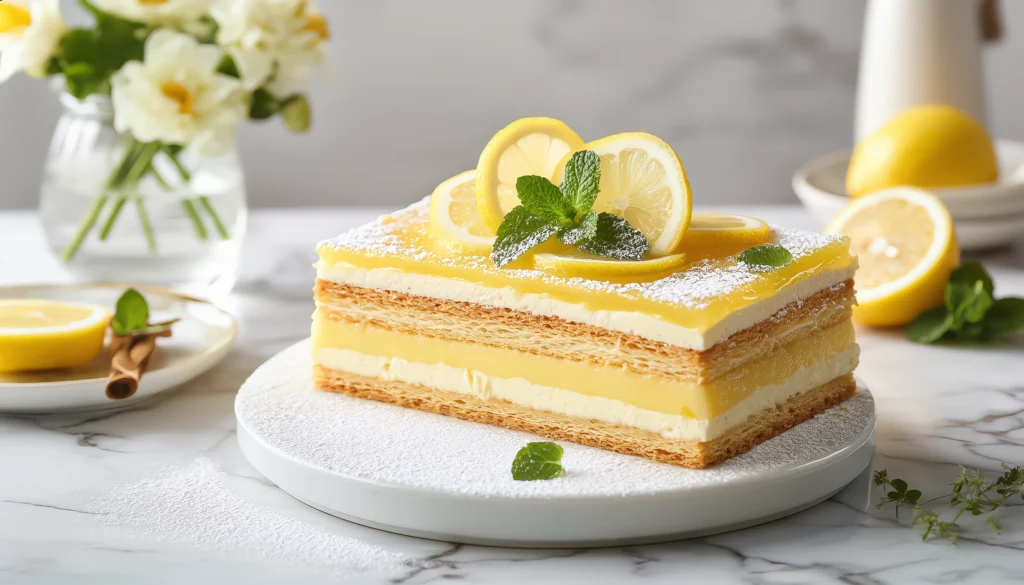 No-Bake Lemon Éclair Cake Recipe – Citrusy, Creamy & Crowd-Friendly (1) Close-up of creamy lemon éclair cake slice on a white plate
