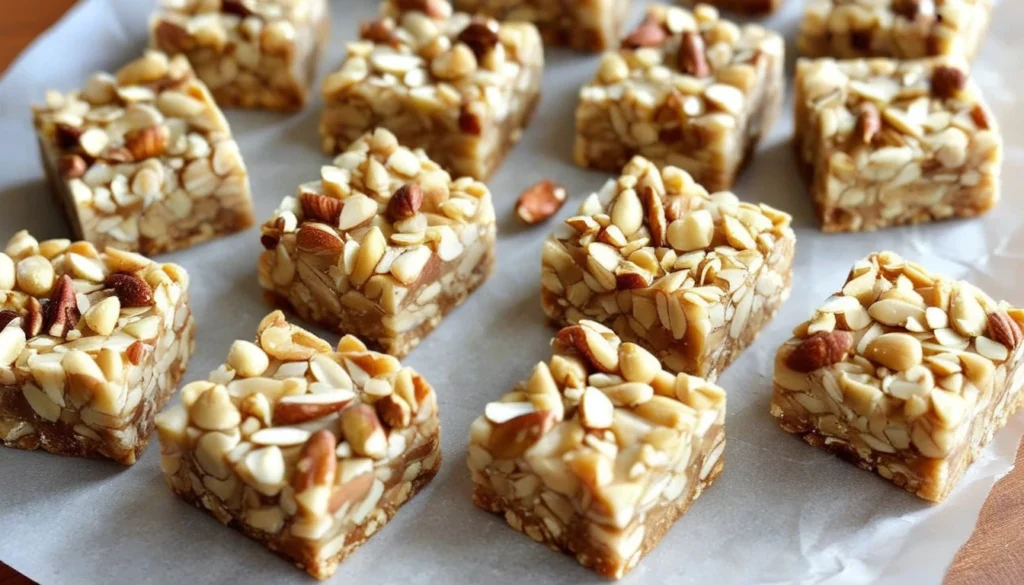 Homemade Payday Nut Squares – No-Bake, Quick & Delicious Stack of no-bake payday nut squares with caramel and salted peanuts on top