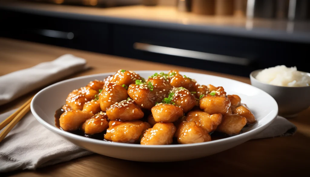 Easy Orange Chicken – Crispy, Saucy & Totally Addictive Orange chicken served over white rice, garnished with green onions and sesame seeds