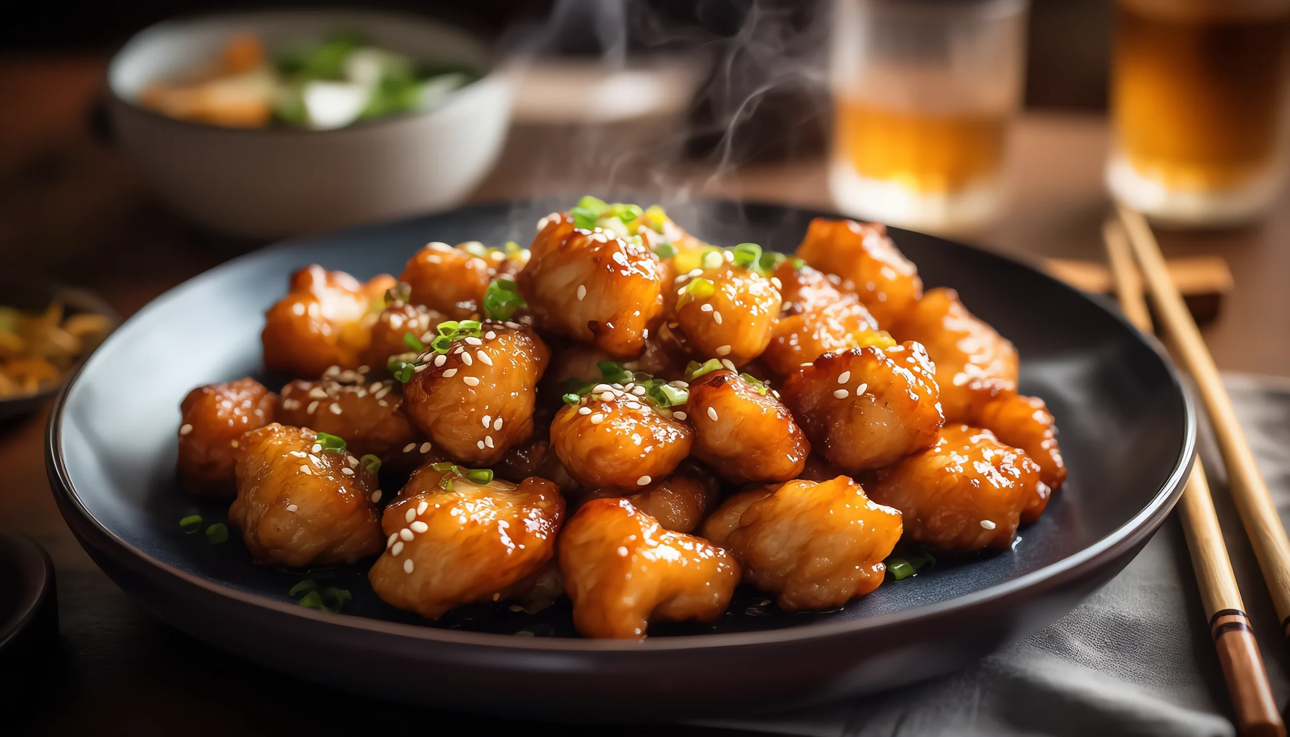 Homemade orange chicken in a bowl with green onions and sesame seeds