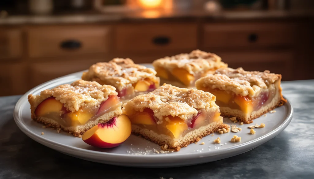 Easy Peach Cobbler Bars Recipe – A Summery Dessert Favorite Close-up of gooey peach cobbler bars with crumb topping and fresh peach slices