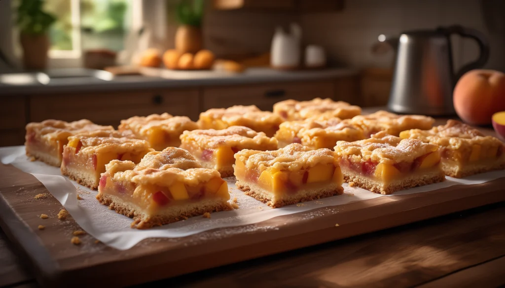 Peach Cobbler Bars – Buttery, Fruity & Easy to Make Peach cobbler bars with golden crumble topping stacked on a white plate