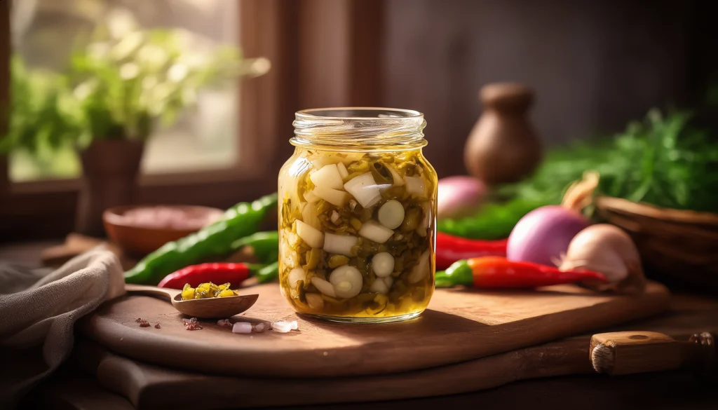 Pickled Pepper and Onion Relish: A Tasty Topping You Can Make at Home 2 Bright pickled pepper and onion relish in a glass jar with herbs