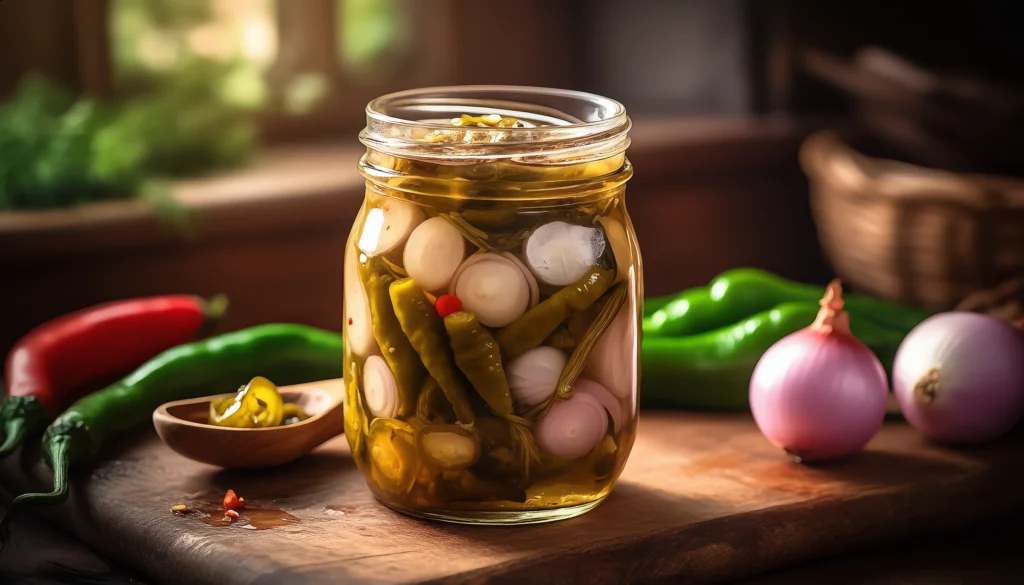 Easy Pickled Pepper & Onion Relish – Bold Flavor in Every Bite Homemade pickled pepper and onion relish in mason jars on a kitchen counter