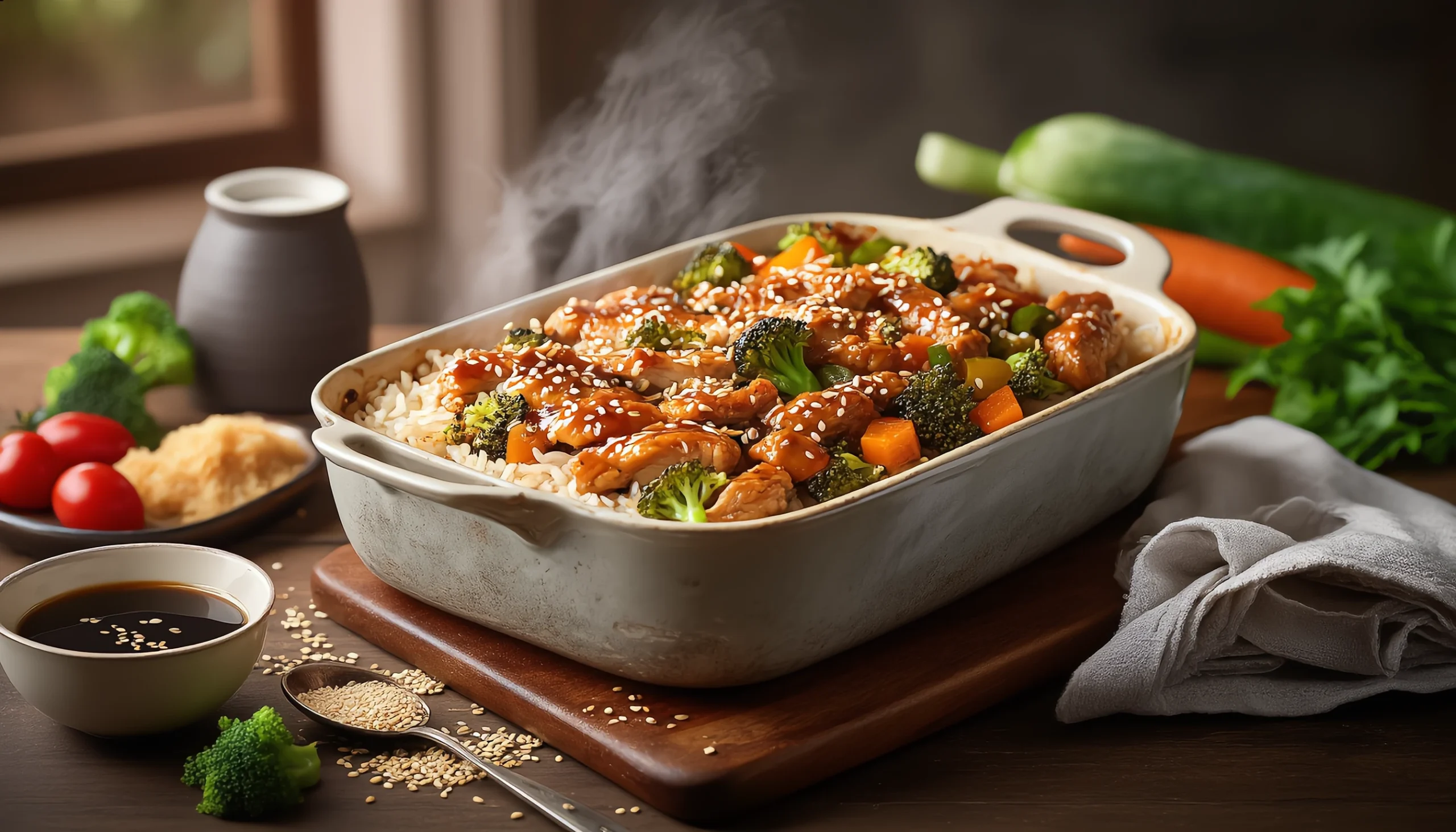 Teriyaki chicken casserole with rice, vegetables, and sesame seeds