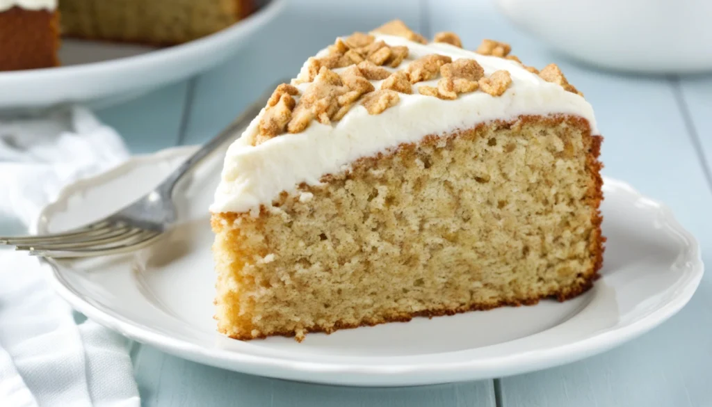 Easy Banana Cake Recipe – Sweet, Simple & Irresistible (1) Sliced banana cake on a plate with thick cream cheese frosting