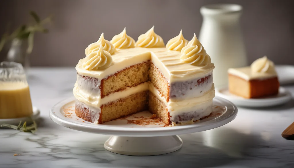 Homemade Banana Cake – A Classic Family Favorite Square of banana cake with frosting and a banana slice garnish