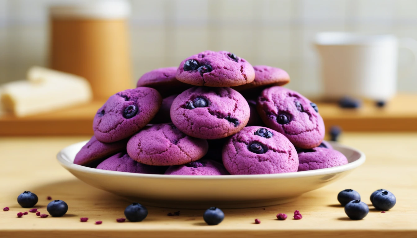 Close-up of soft blueberry cookies with blueberries baked into the dough