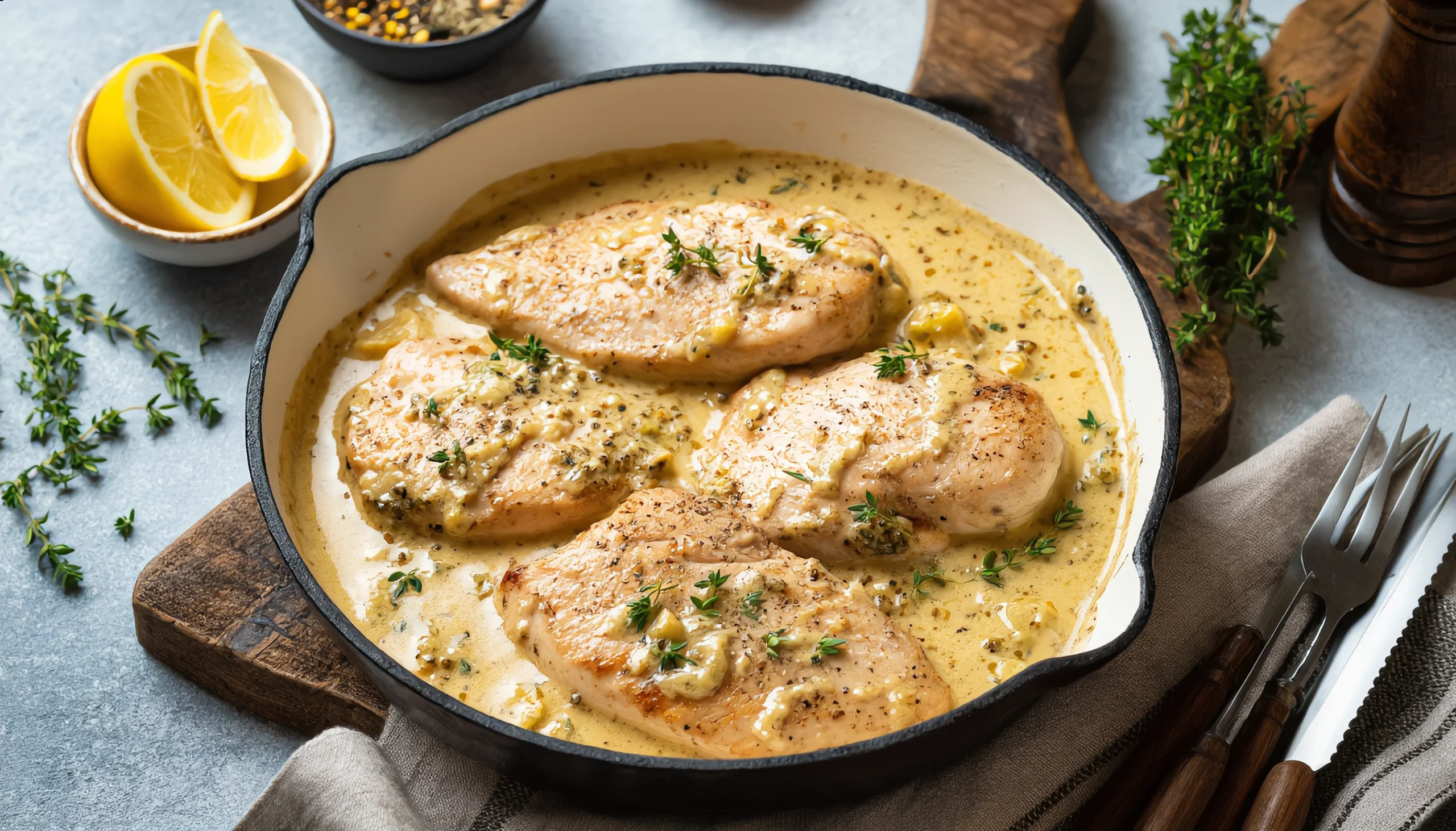 Baked chicken breast topped with creamy sauce and herbs in a casserole dish