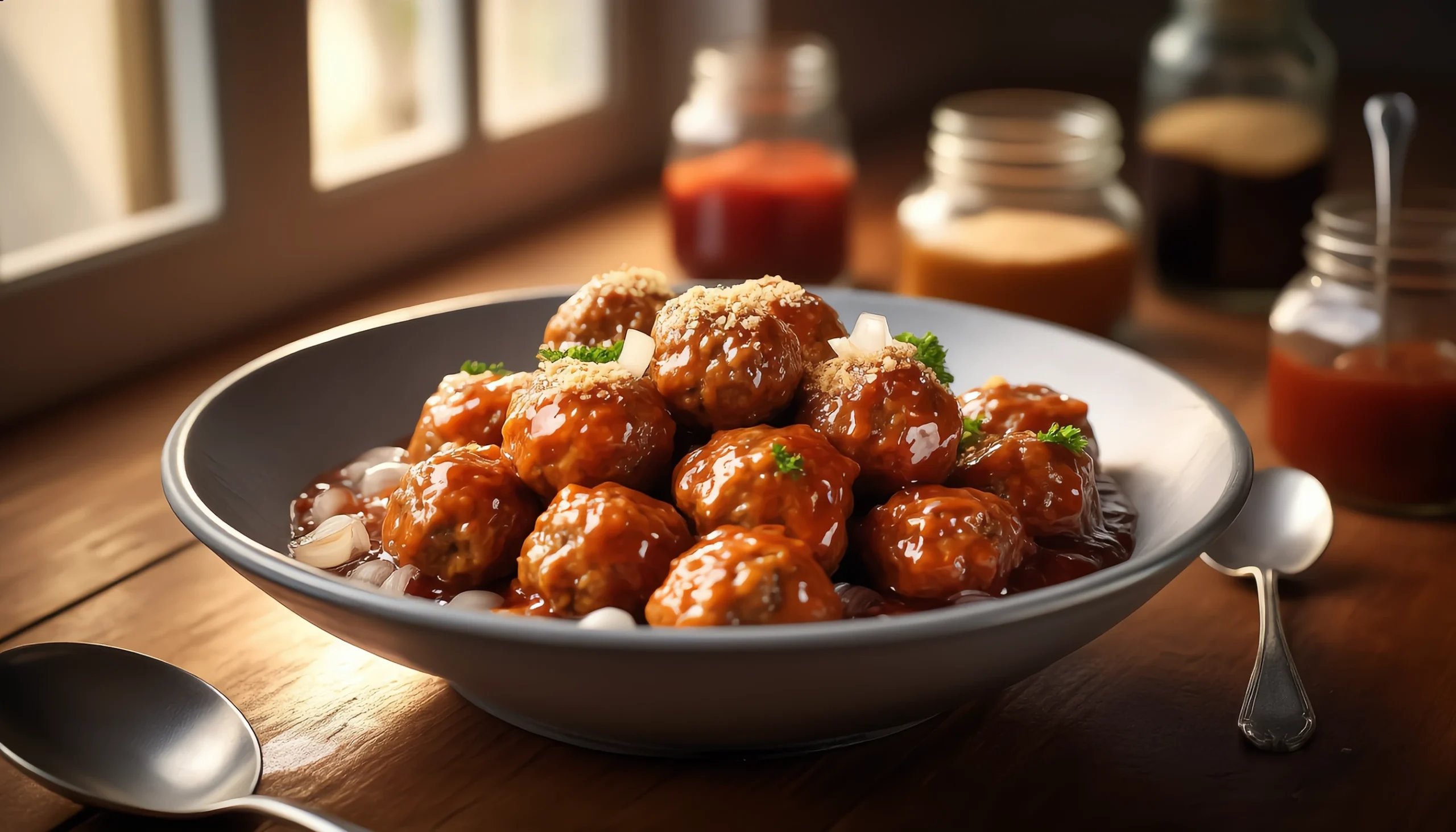 Close-up of sweet and sour meatballs covered in sauce with green onions