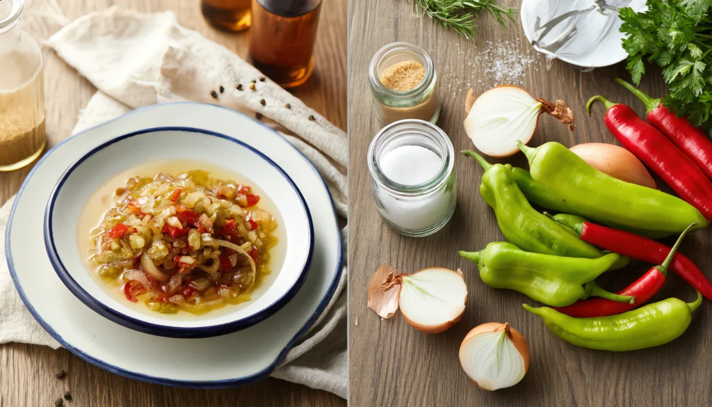 Zesty Pickled Pepper and Onion Relish – Homemade & Flavor-Packed Colorful sweet and tangy pepper onion relish in a spoon and glass jar