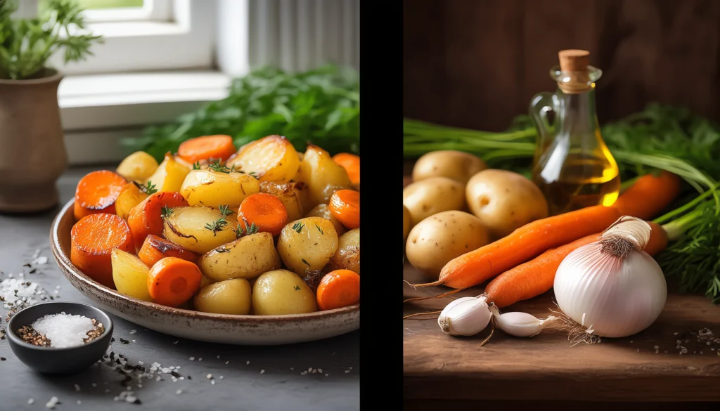 Easy Roast Carrots, Potatoes & Onions – A One-Pan Vegetable Medley (1) Close-up of golden-brown roasted carrots, potatoes, and onions with rosemary