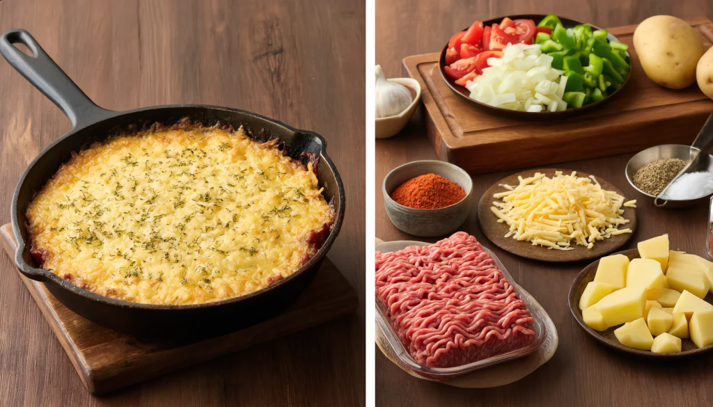 Hobo Casserole: Rustic Ground Beef and Potato Bake 2 Spoonful of cheesy hobo casserole served from a baking dish with ground beef and potato layers