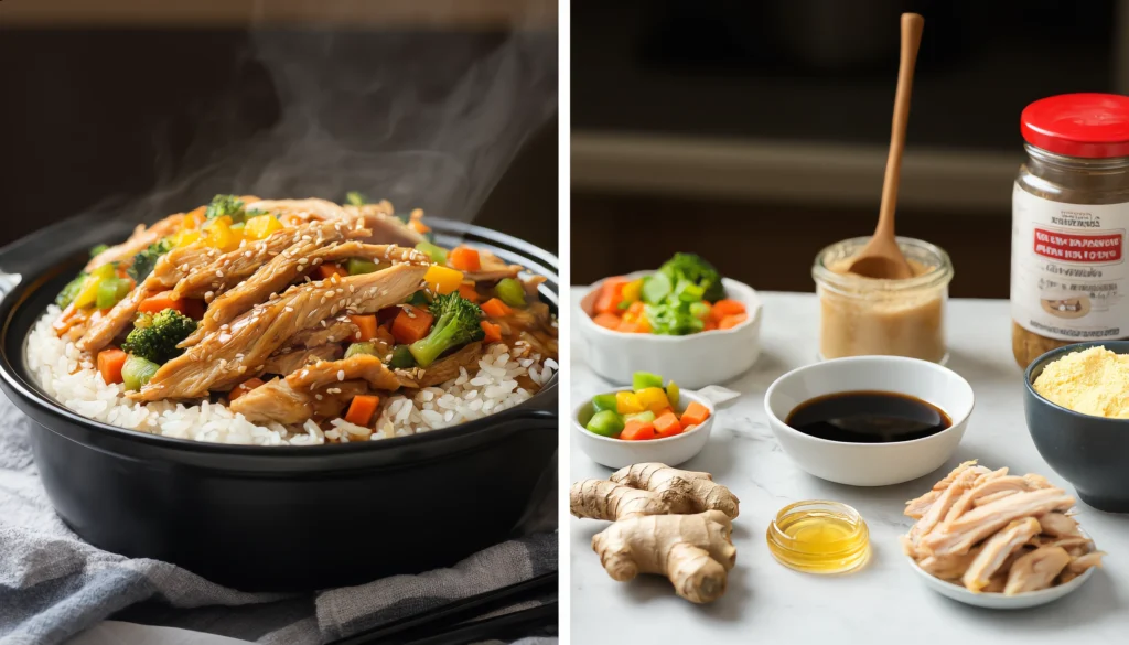 One-Pan Teriyaki Chicken and Rice Bake – Simple & Delicious Close-up of teriyaki chicken and rice casserole topped with green onions and sesame seeds