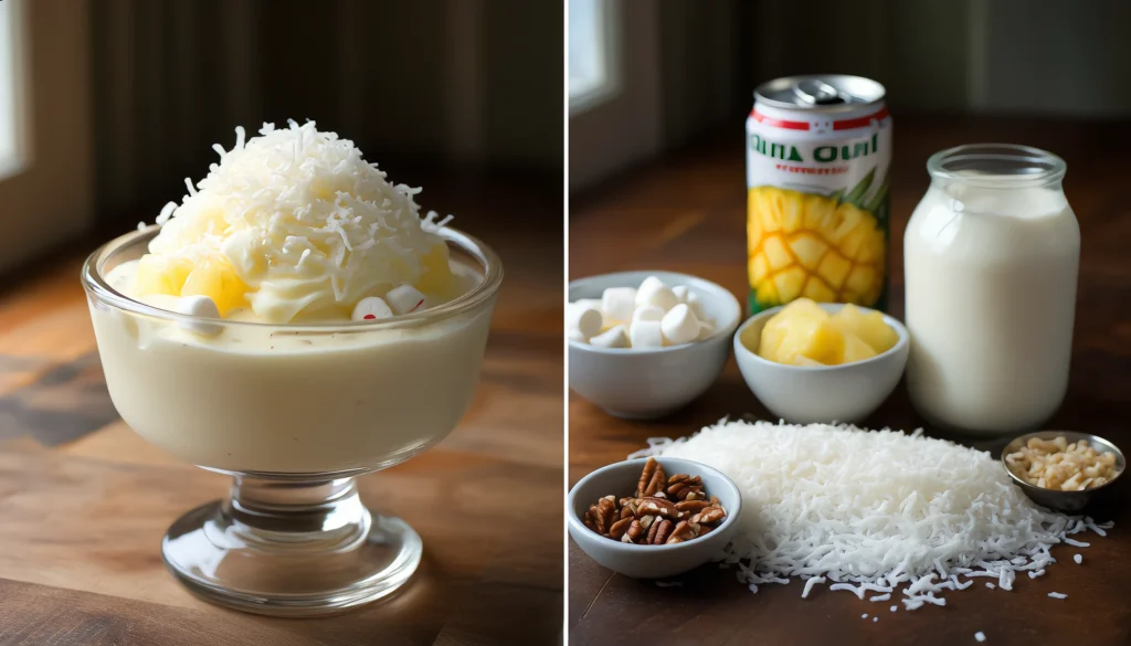Hawaiian Pineapple Coconut Fluff – A Creamy Tropical Dessert Bowl of Hawaiian pineapple coconut fluff topped with shredded coconut and pineapple chunks