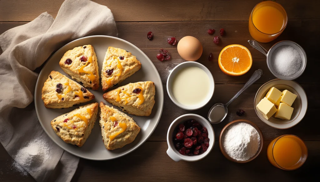 Cranberry Orange Scones: A Delicious Morning Treat 3 Close-up of golden cranberry orange scones with sugar crust and orange slices