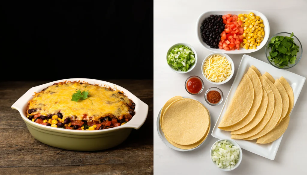 Mexican Tortilla Casserole – Easy, Cheesy & Packed with Flavor Layered Mexican tortilla casserole with melted cheese and beans in a baking dish