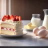 Slice of double strawberry cake with pink frosting and fresh strawberries