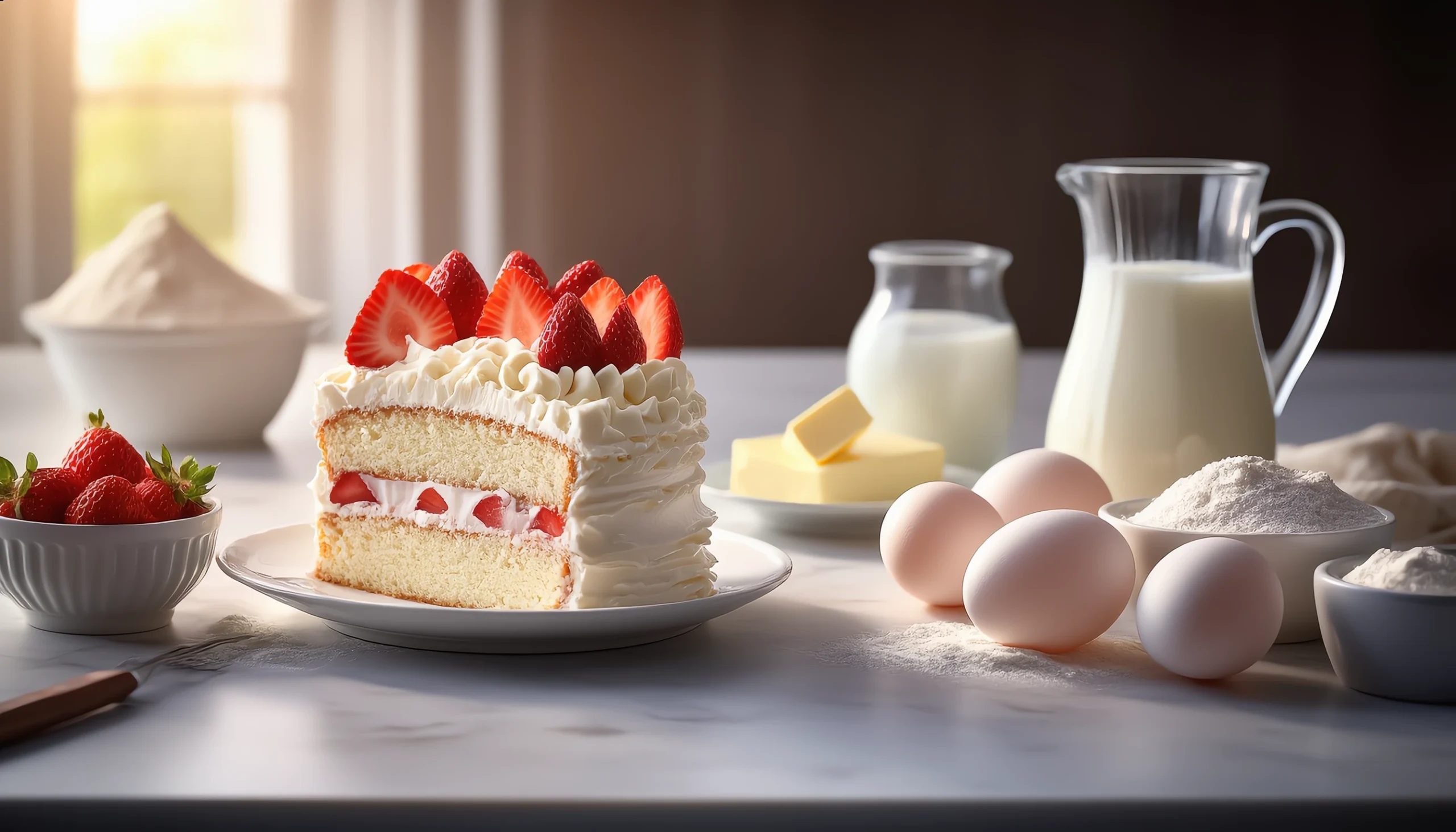 Slice of double strawberry cake with pink frosting and fresh strawberries