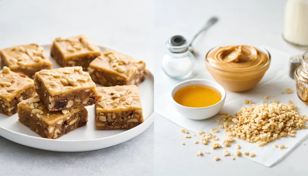 Easy No-Bake Payday Bars – Crunchy, Gooey & Addictive Close-up of layered peanut and caramel no-bake nut squares on a dessert plate