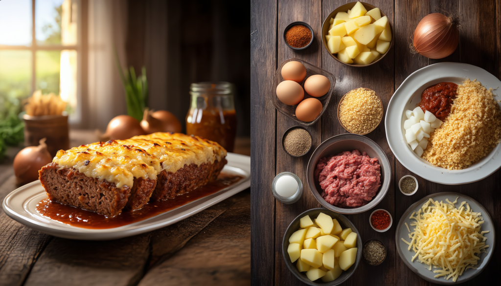 Old Fashioned Cowboy Meatloaf and Potato Casserole: A Down-Home Dinner That Never Disappoints 2 16x9 make picture splited in 2 halves 1 Old Fashioned Cowboy Meatloaf and Potato Casserole: A Down-Home Dinner That Never Disappoints