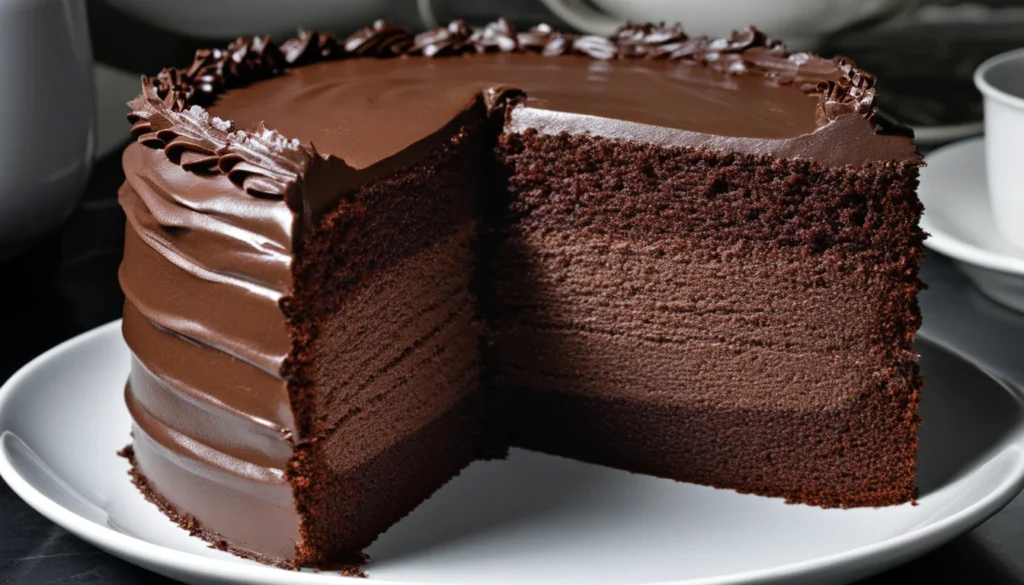 Rich & Moist Black Velvet Cake – A Chocolate Lover’s Dream Close-up of black velvet cake with dark cocoa crumb and creamy white frosting